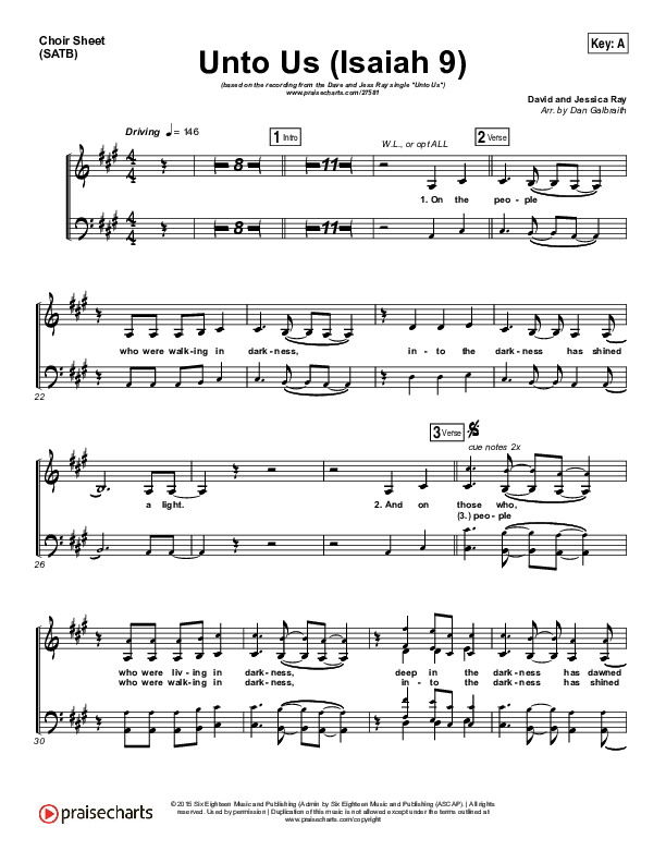 Unto Us (Isaiah 9) Choir Sheet (SATB) (Doorpost Songs / Dave and Jess Ray)