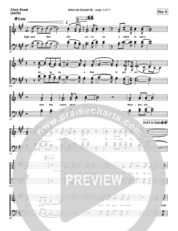 Unto Us (Isaiah 9) Choir Sheet (SATB) (Doorpost Songs / Dave and Jess Ray)