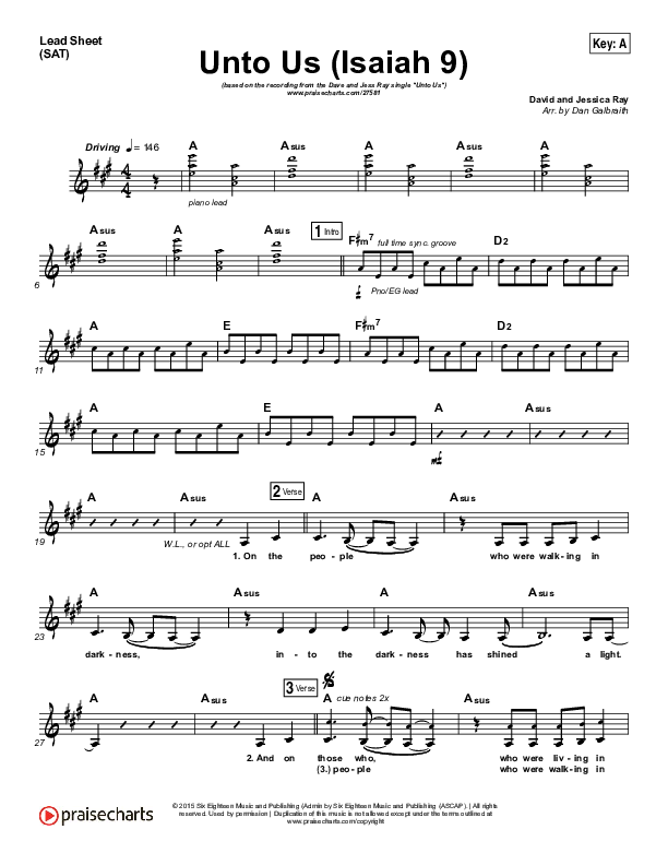 Unto Us (Isaiah 9) Lead Sheet (SAT) (Doorpost Songs / Dave and Jess Ray)