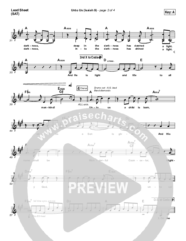 Unto Us (Isaiah 9) Lead Sheet (SAT) (Doorpost Songs / Dave and Jess Ray)