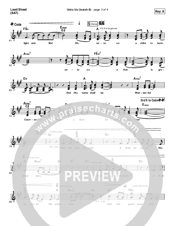 Unto Us (Isaiah 9) Lead Sheet (SAT) (Doorpost Songs / Dave and Jess Ray)