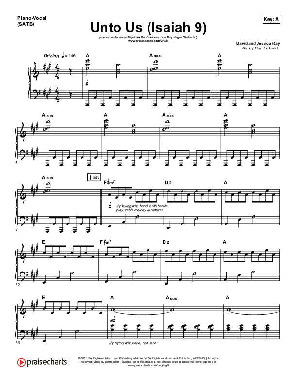 Unto Us (Isaiah 9) Piano/Vocal & Lead (Doorpost Songs / Dave and Jess Ray)