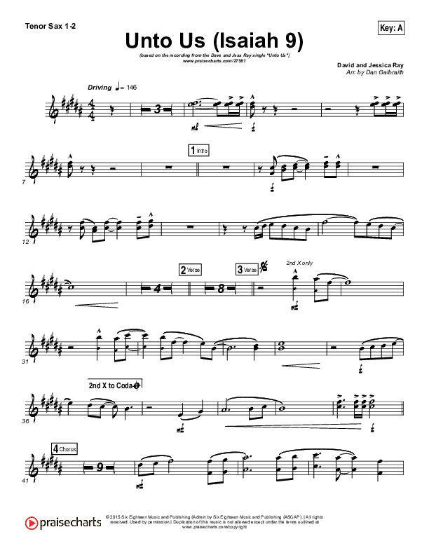 Unto Us (Isaiah 9) Tenor Sax 1/2 (Doorpost Songs / Dave and Jess Ray)