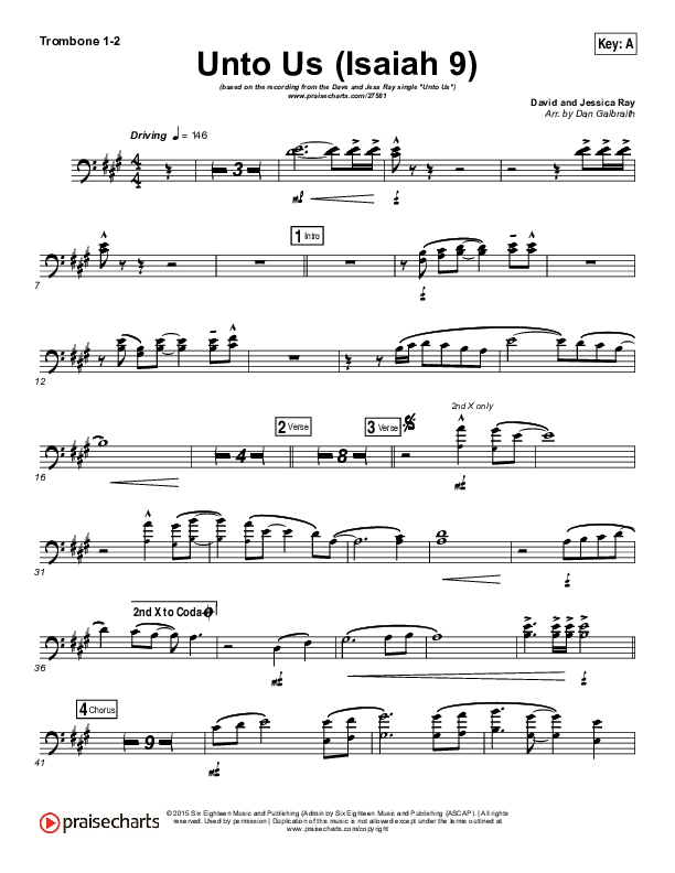 Unto Us (Isaiah 9) Trombone 1/2 (Doorpost Songs / Dave and Jess Ray)