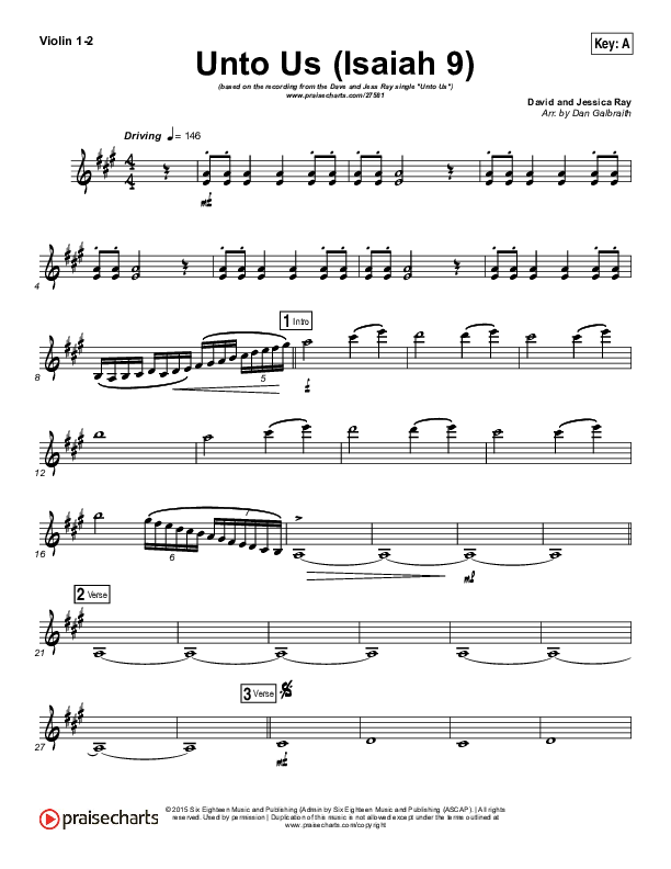 Unto Us (Isaiah 9) Violin 1/2 (Doorpost Songs / Dave and Jess Ray)