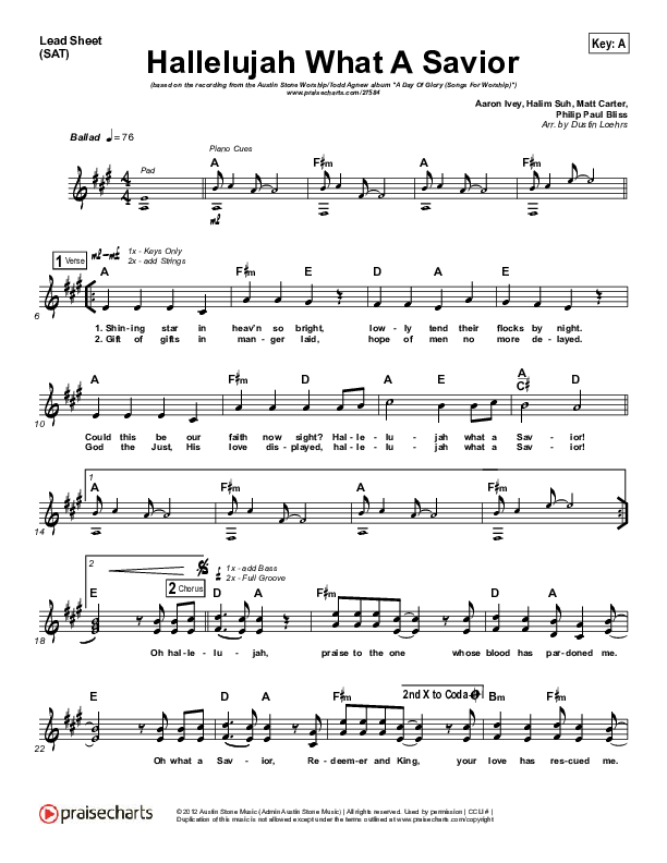 Hallelujah What A Savior Lead Sheet (SAT) (Austin Stone Worship / Todd Agnew)