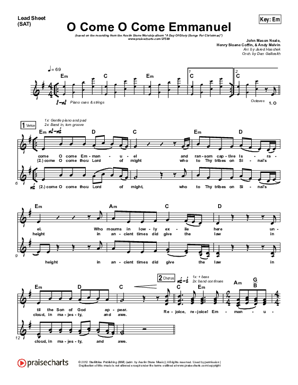 O Come O Come Emmanuel Lead Sheet (SAT) (Austin Stone Worship / Aaron Ivey)