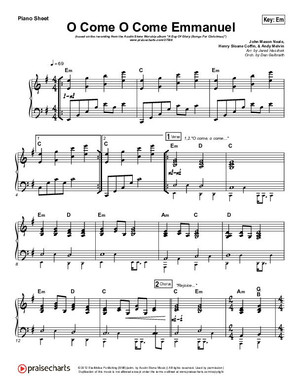 O Come O Come Emmanuel Piano Sheet (Austin Stone Worship / Aaron Ivey)