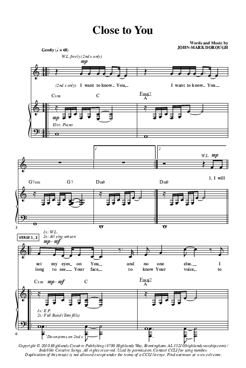 Close To You Piano/Vocal (Highlands Worship)
