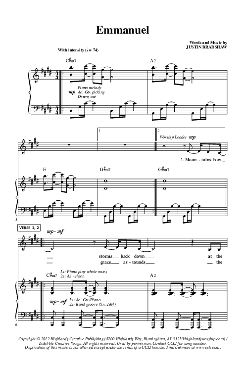 Emmanuel Piano Sheet (Highlands Worship)