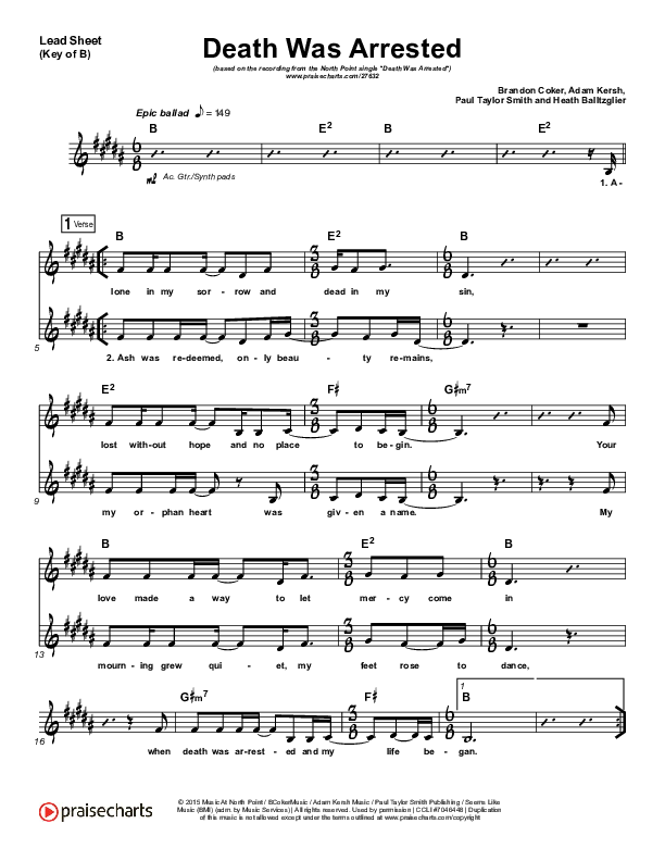 Death Was Arrested Lead Sheet (Melody) (North Point Worship)