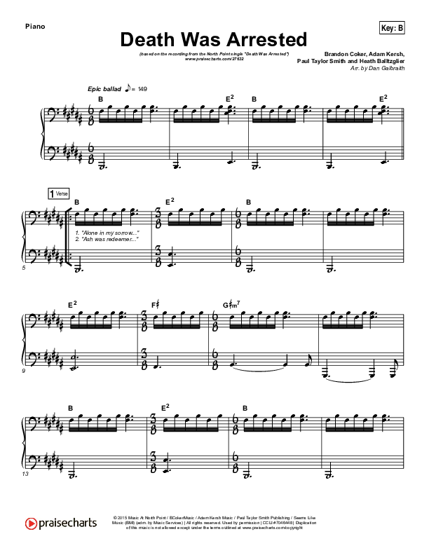 Death Was Arrested Piano Sheet (North Point Worship)