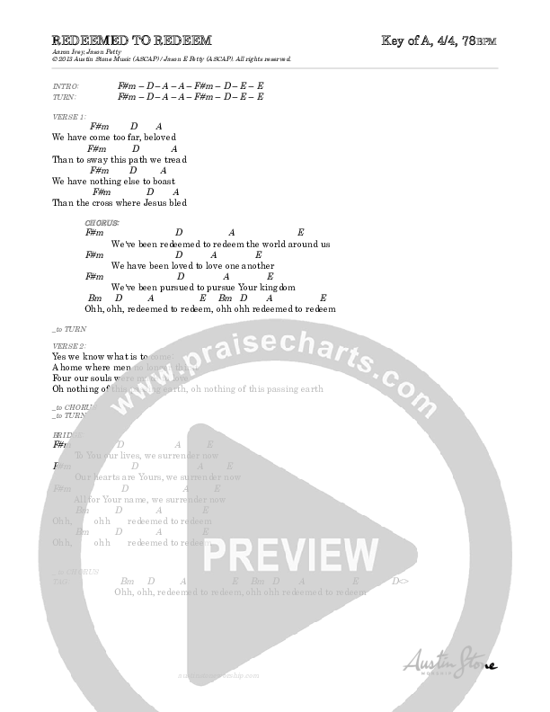 Redeemed To Redeem Chords & Lyrics (Austin Stone Worship)