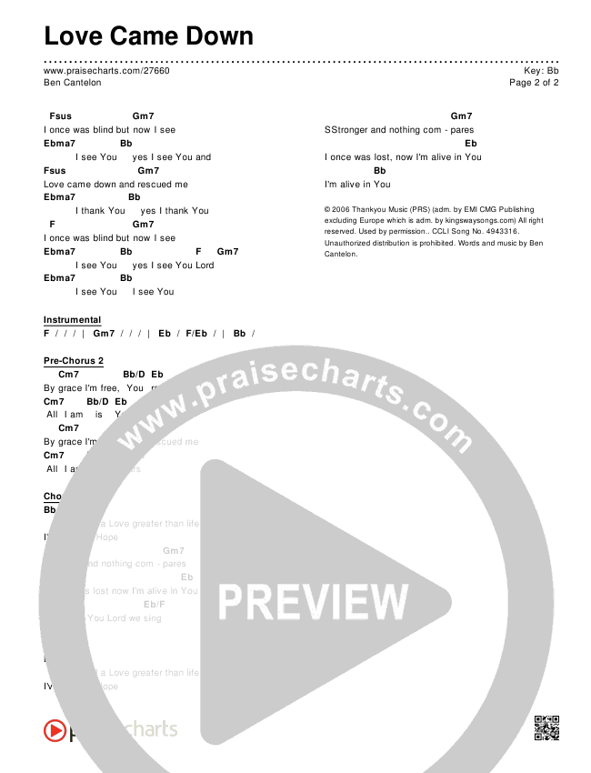 Love Came Down Chords & Lyrics (Ben Cantelon)