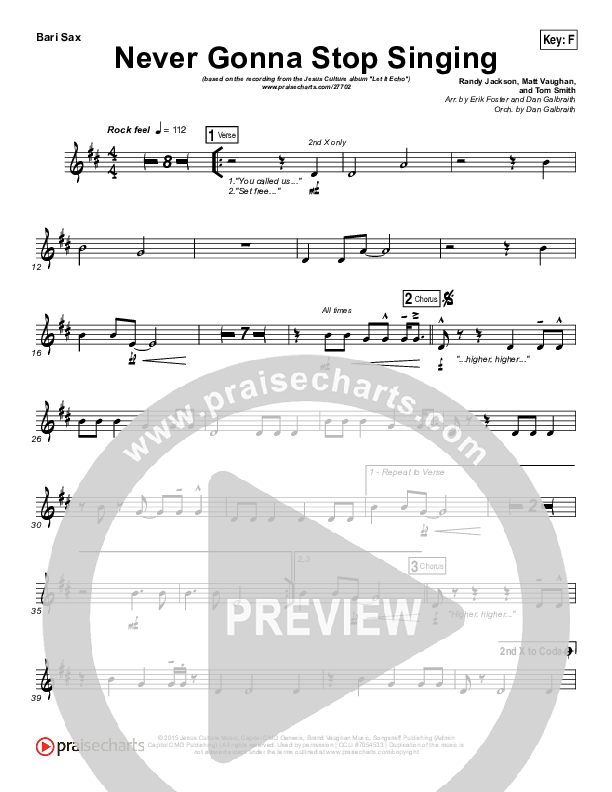 Never Gonna Stop Singing Bari Sax (Jesus Culture / Kim Walker-Smith)