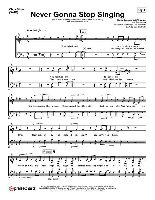 Never Gonna Stop Singing Choir Sheet (SATB) (Jesus Culture / Kim Walker-Smith)
