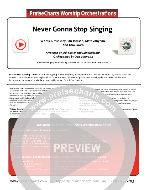 Never Gonna Stop Singing Cover Sheet (Jesus Culture / Kim Walker-Smith)