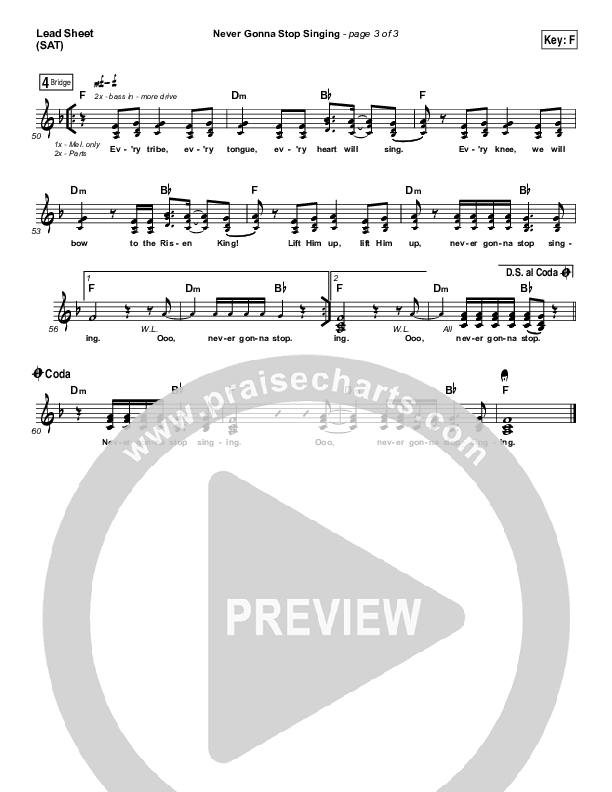 Never Gonna Stop Singing Lead Sheet (SAT) (Jesus Culture / Kim Walker-Smith)
