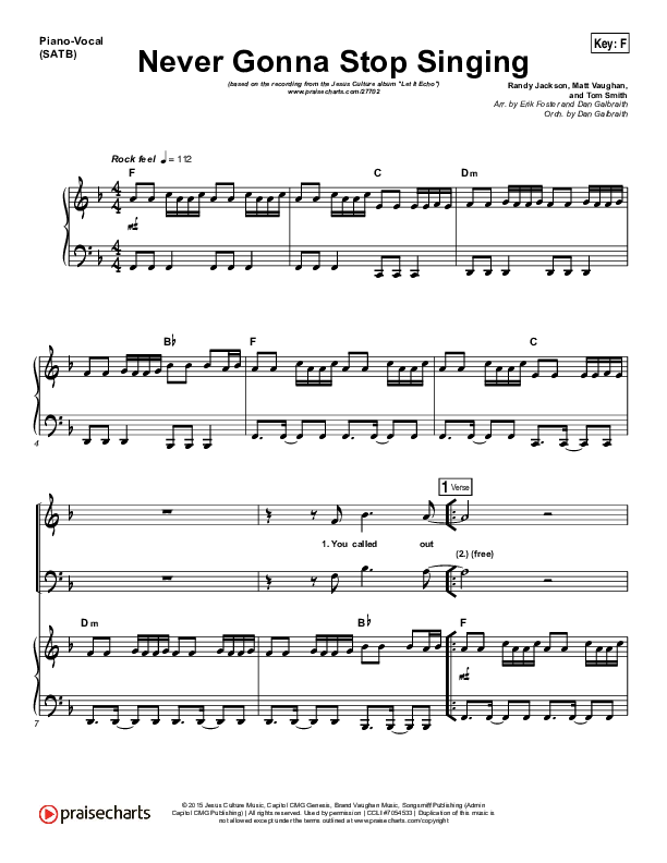 Never Gonna Stop Singing Piano/Vocal (SATB) (Jesus Culture / Kim Walker-Smith)