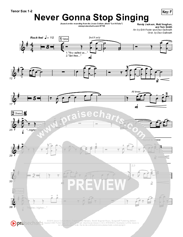 Never Gonna Stop Singing Tenor Sax 1/2 (Jesus Culture / Kim Walker-Smith)