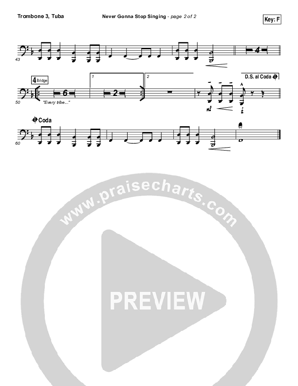 Never Gonna Stop Singing Trombone 3/Tuba (Jesus Culture / Kim Walker-Smith)