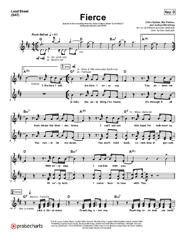 Fierce (Studio) Lead Sheet (SAT) (Jesus Culture / Chris Quilala)