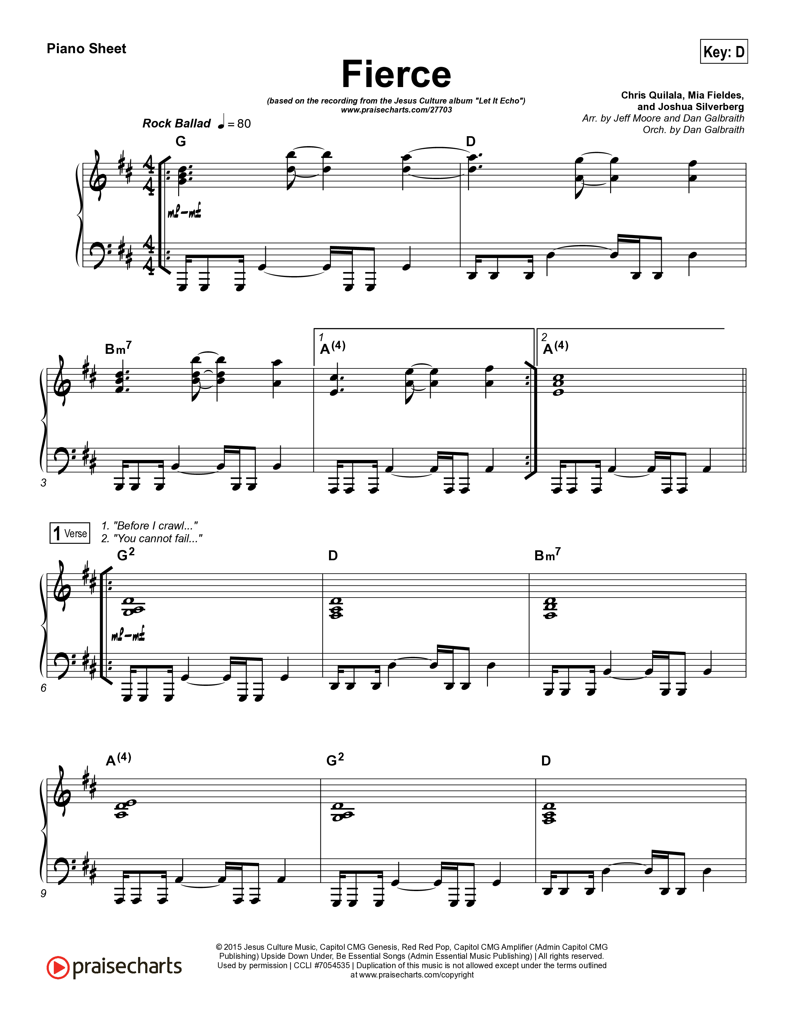Fierce (Studio) Piano Sheet (Jesus Culture / Chris Quilala)