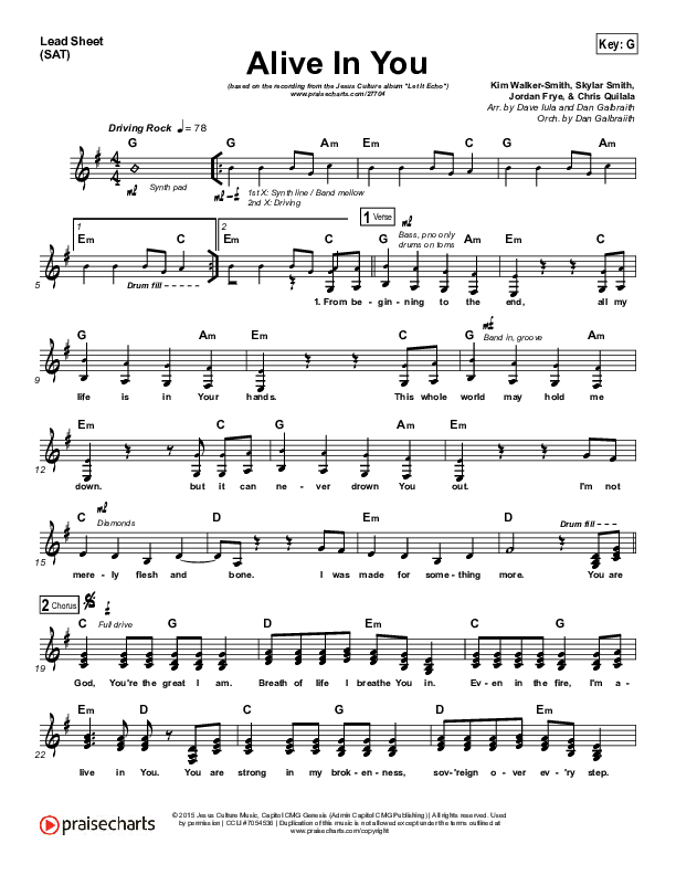 Alive In You Lead Sheet (SAT) (Jesus Culture / Kim Walker-Smith)