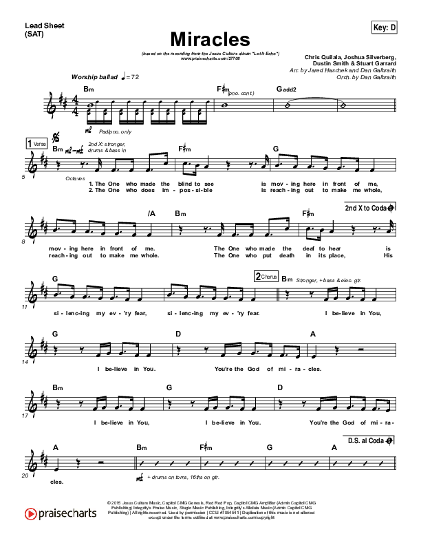 Miracles Lead Sheet (SAT) (Jesus Culture / Chris Quilala)