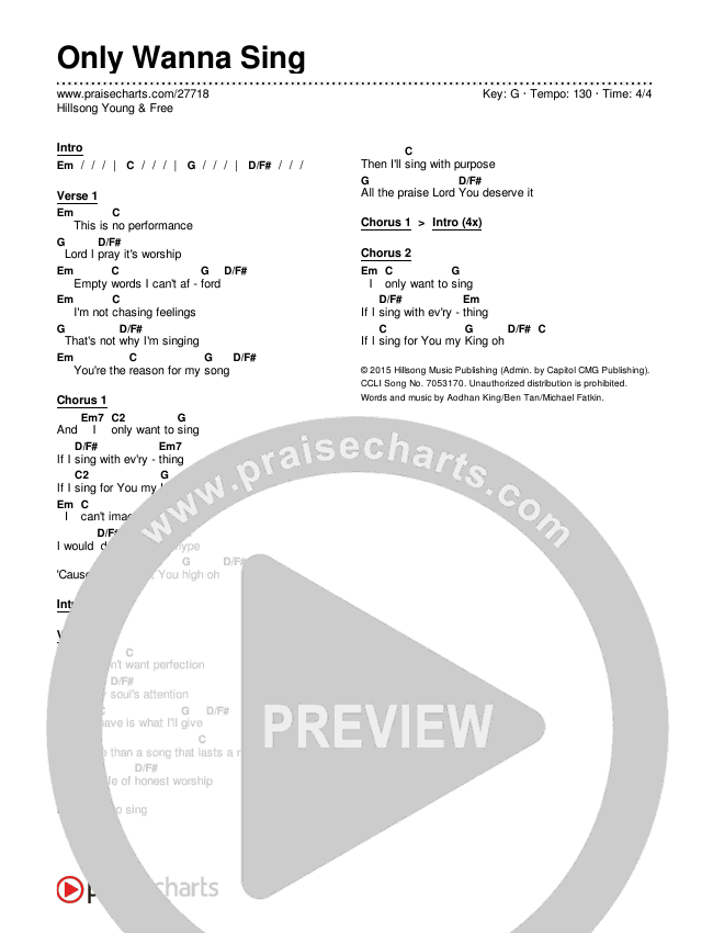 Only Wanna Sing Chords & Lyrics (Hillsong Young & Free)
