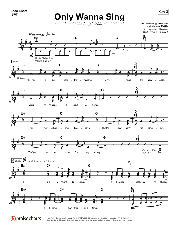 Only Wanna Sing Lead Sheet (SAT) (Hillsong Young & Free)
