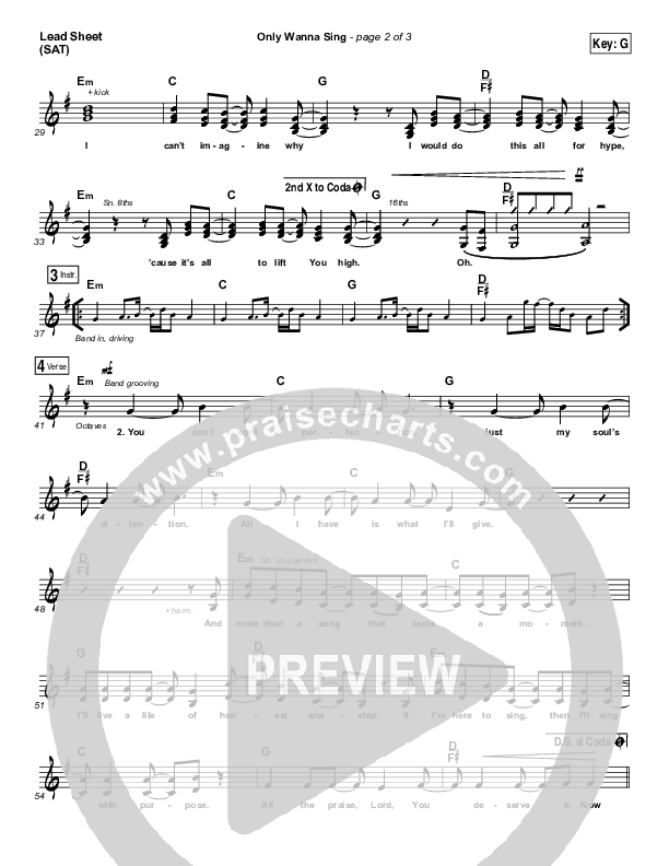 Only Wanna Sing Lead Sheet (SAT) (Hillsong Young & Free)