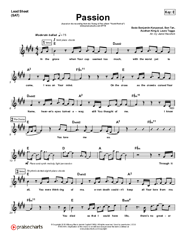 Passion Lead Sheet (SAT) (Hillsong Young & Free)