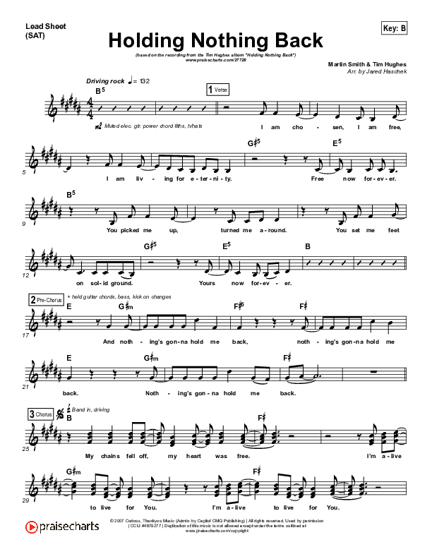 Holding Nothing Back Lead Sheet (SAT) (Tim Hughes)