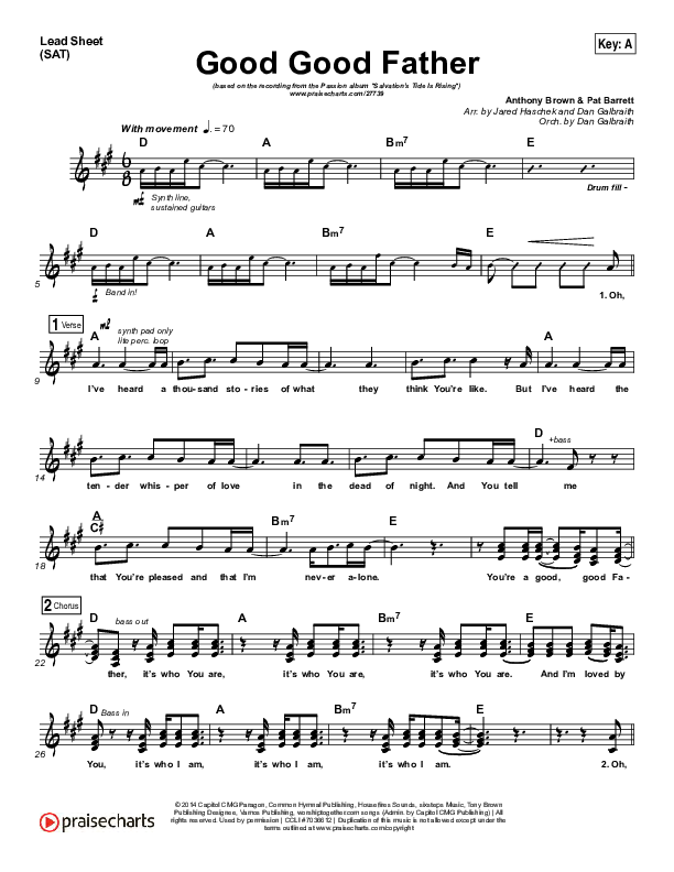 Good Good Father Lead Sheet (SAT) (Kristian Stanfill / Passion)