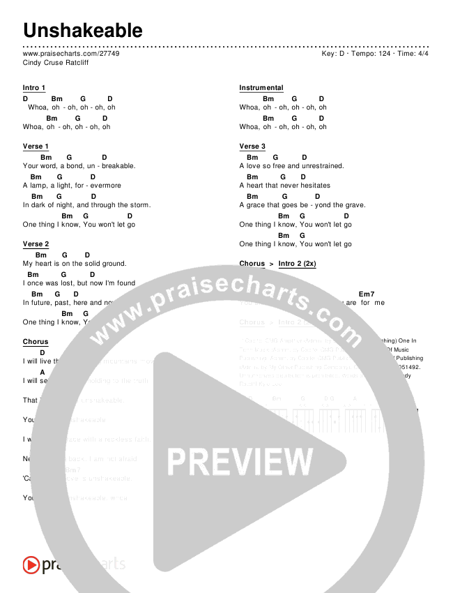 Unshakeable Chords & Lyrics (Cindy Cruse Ratcliff)