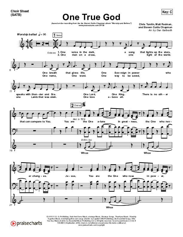One True God Choir Vocals (SATB) (Steven Curtis Chapman / Chris Tomlin)