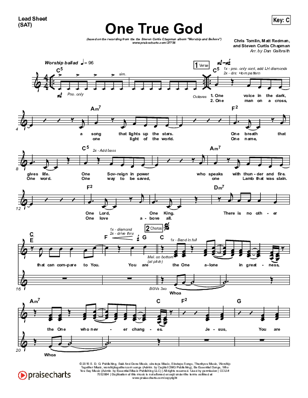 One True God Lead Sheet (SAT) (Steven Curtis Chapman / Chris Tomlin)