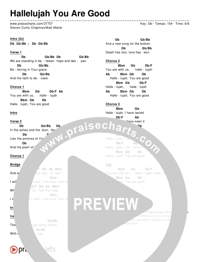 Hallelujah You Are Good Chords & Lyrics (Steven Curtis Chapman / Matt Maher)