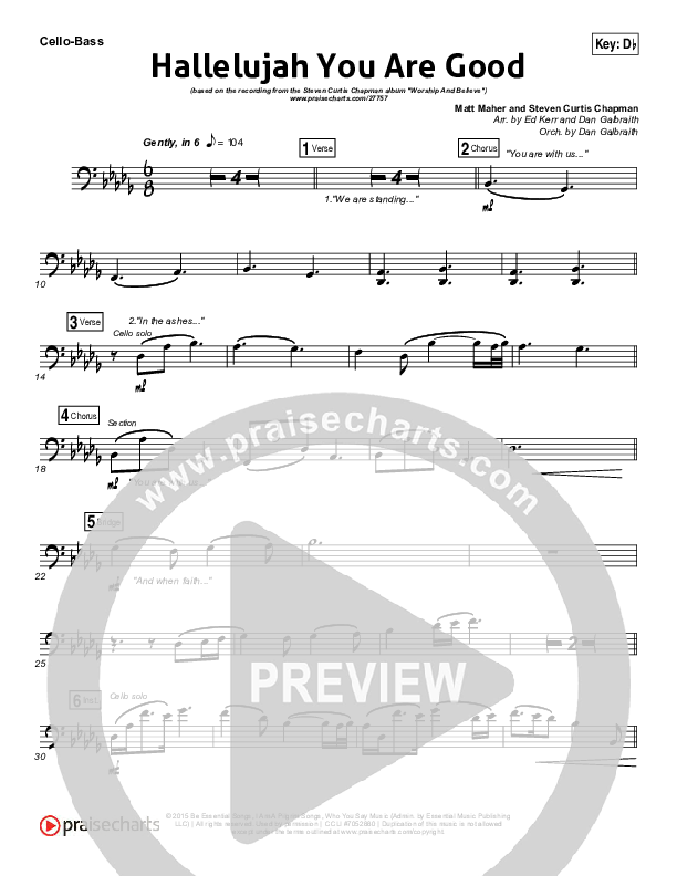 Hallelujah You Are Good Cello/Bass (Steven Curtis Chapman / Matt Maher)