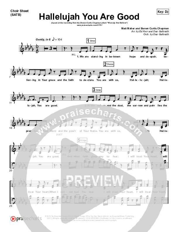 Hallelujah You Are Good Choir Vocals (SATB) (Steven Curtis Chapman / Matt Maher)