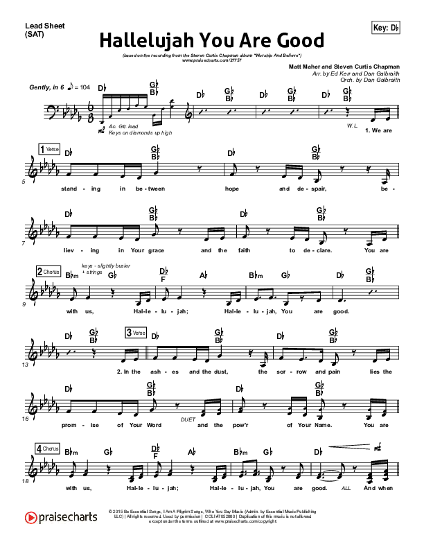 Hallelujah You Are Good Lead Sheet (SAT) (Steven Curtis Chapman / Matt Maher)