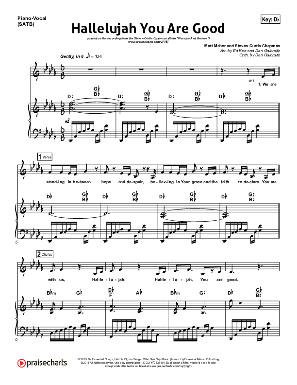 Hallelujah You Are Good Piano/Vocal (SATB) (Steven Curtis Chapman / Matt Maher)