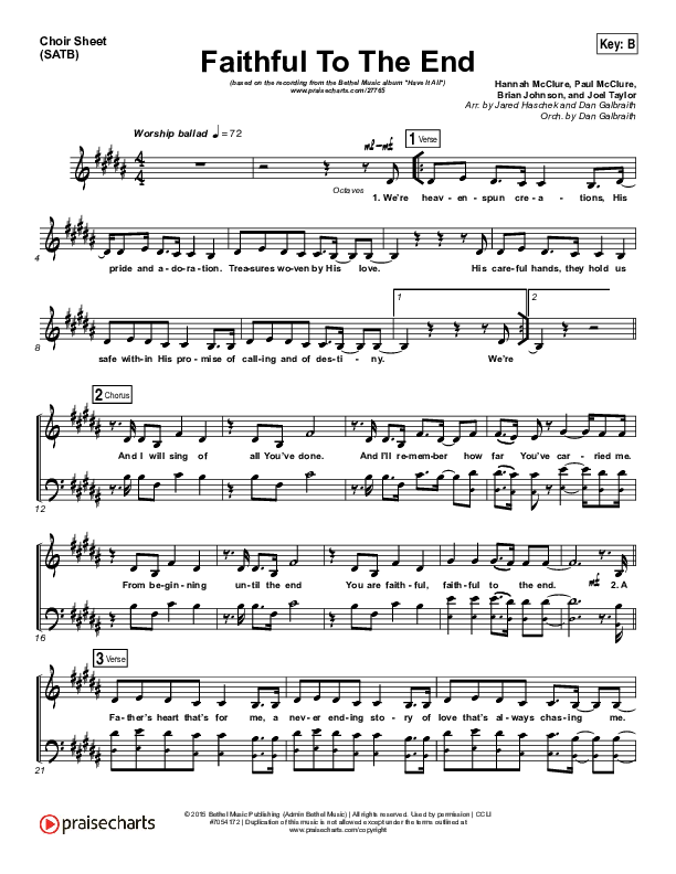 Faithful To The End Choir Sheet (SATB) (Bethel Music / Hannah McClure / Paul McClure)