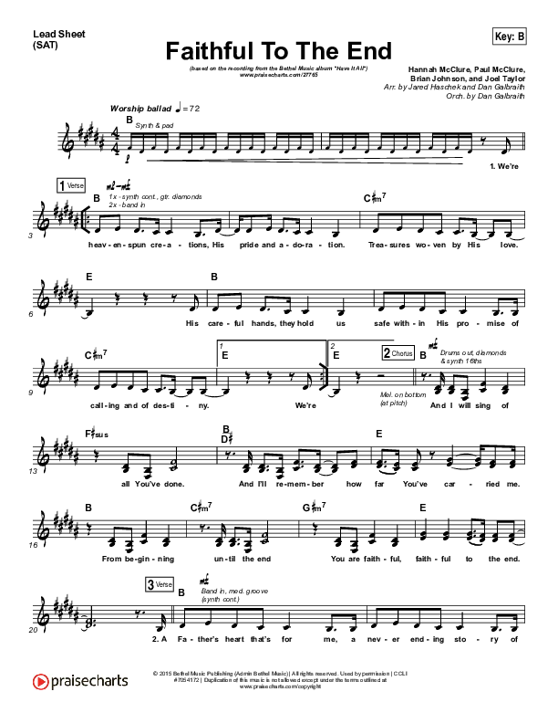 Faithful To The End Lead Sheet (SAT) (Bethel Music / Hannah McClure / Paul McClure)