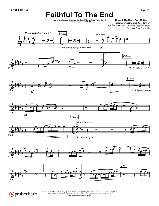 Faithful To The End Tenor Sax 1/2 (Bethel Music / Hannah McClure / Paul McClure)