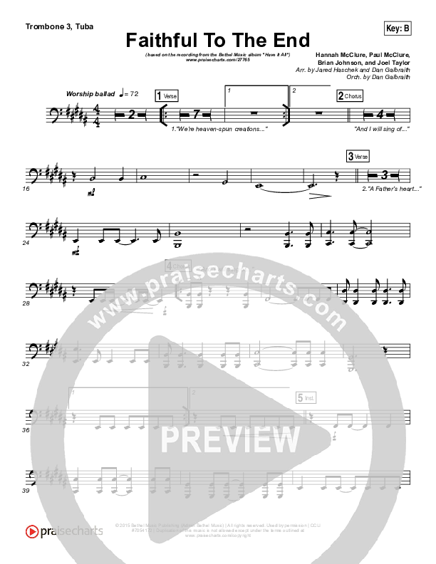 Faithful To The End Trombone 3/Tuba (Bethel Music / Hannah McClure / Paul McClure)