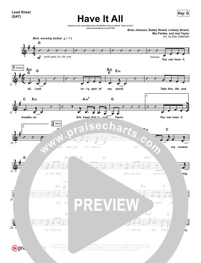 Have It All Sheet Music PDF (Bethel Music / Brian Johnson) - PraiseCharts