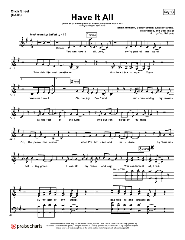 Have It All Choir Sheet (SATB) (Bethel Music / Brian Johnson)