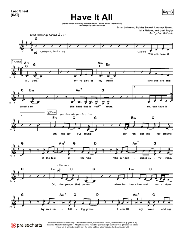 Have It All Lead Sheet (SAT) (Bethel Music / Brian Johnson)